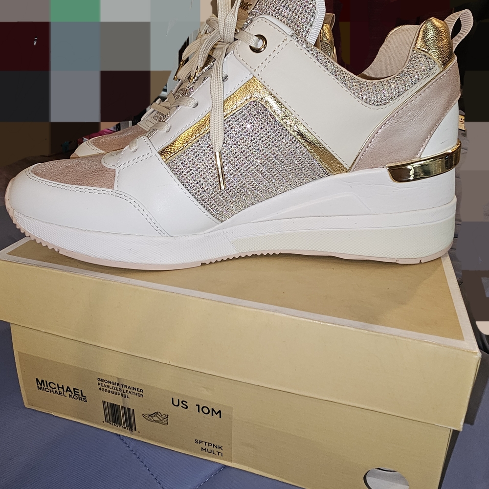 Michael Kors Gold and White Fashion Sneakers with Hidden Wedge